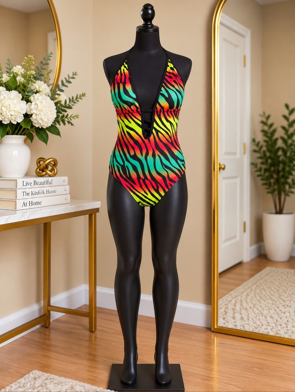 Women's Neon Zebra Print One-Piece Swimsuit - Multicolor